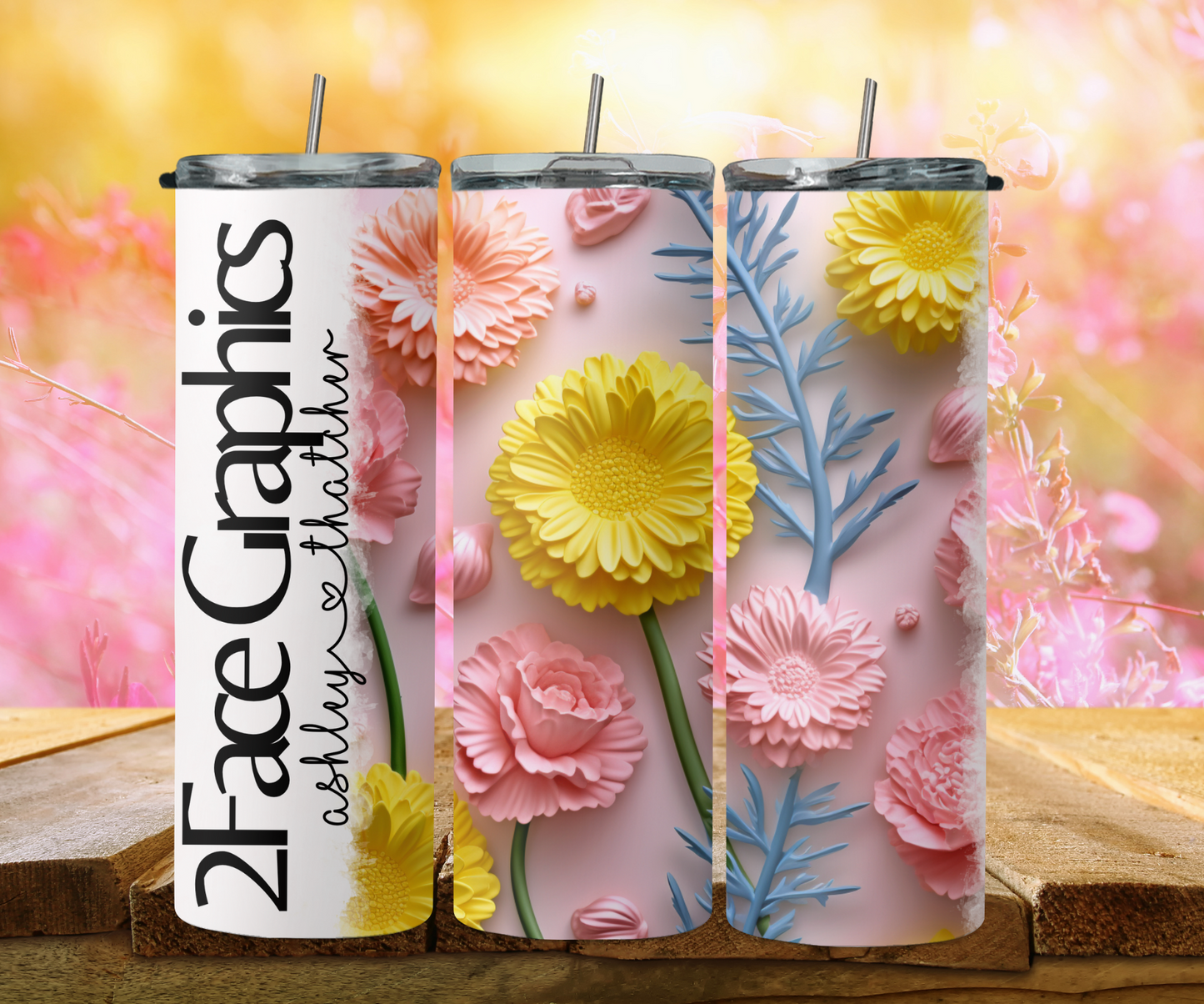 3D pink yellow blue flower 2Face Graphics