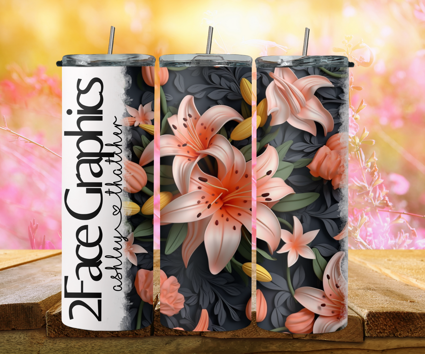 3D pink orange flower with dark background 2Face Graphics