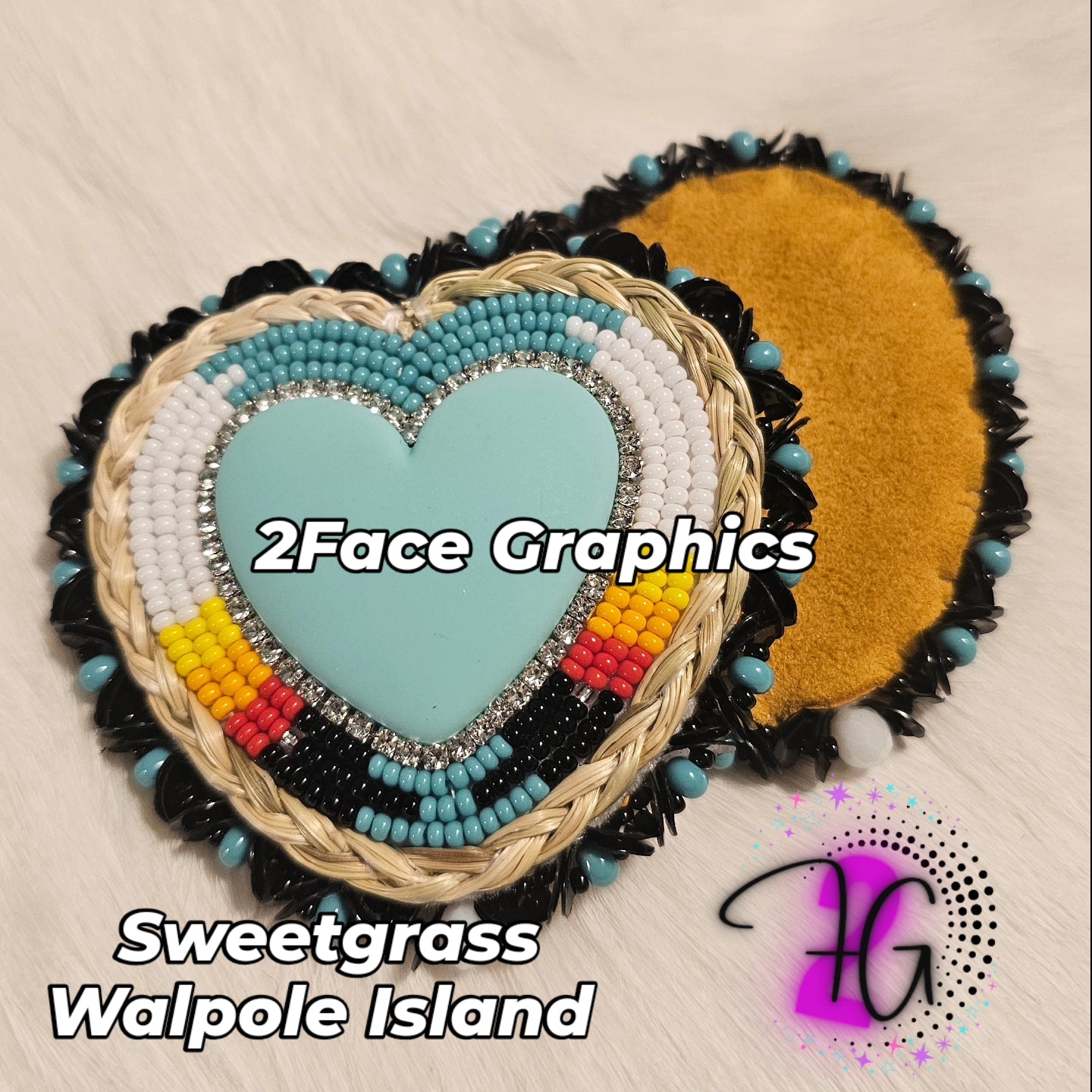 Sweetgrass beaded blue heart earrings 2Face Graphics