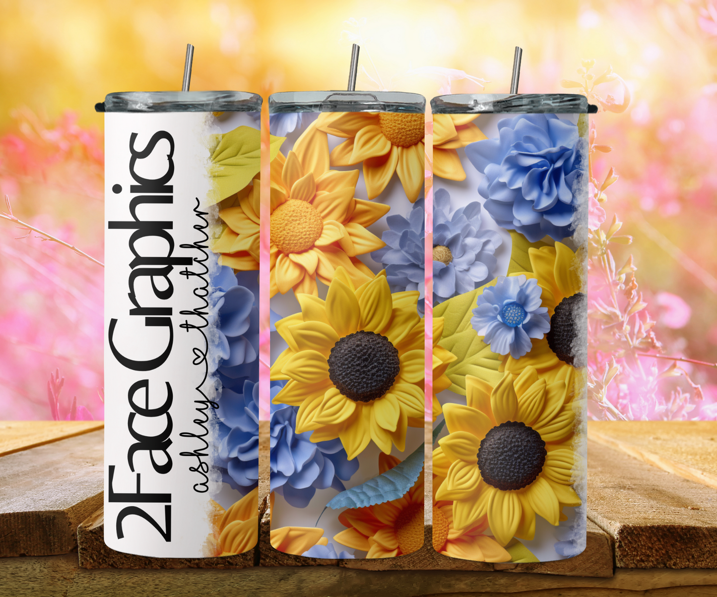3D sunflower with blue flowers 2Face Graphics
