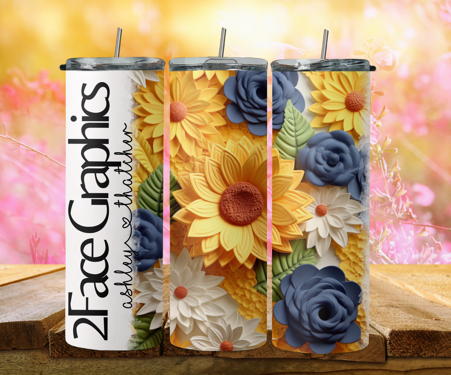 3D yellow, blue, white dandelions 2Face Graphics