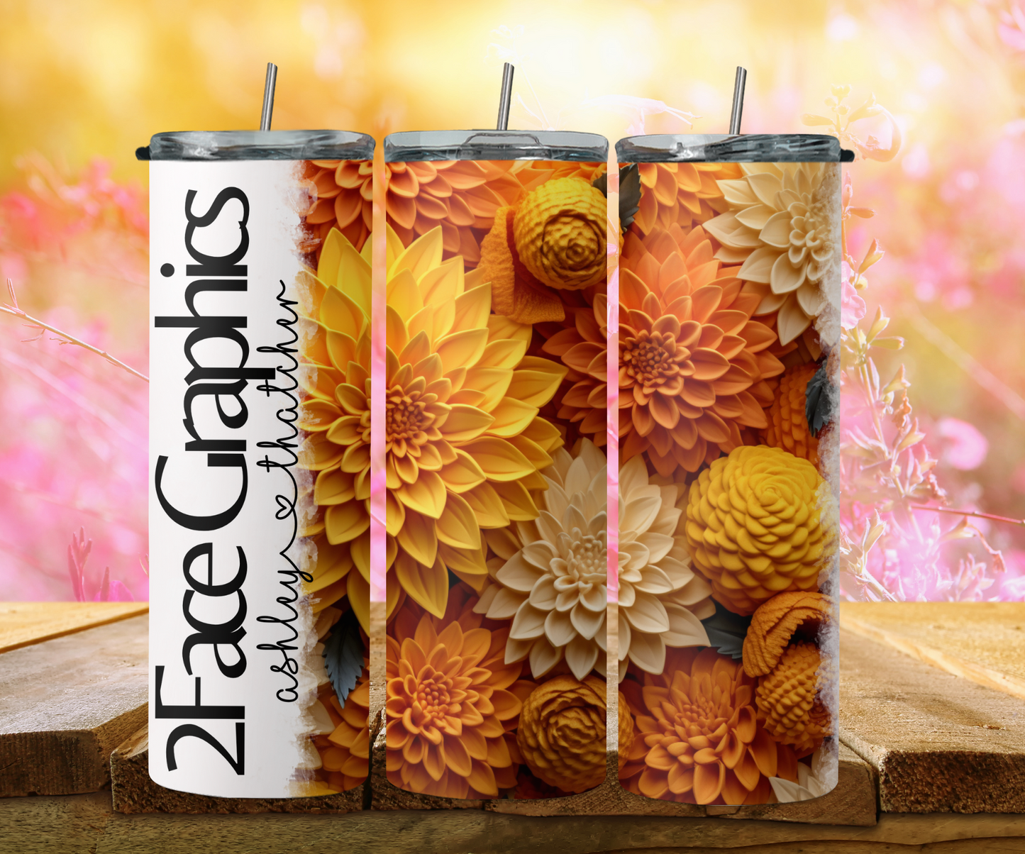 3D yellow sunflower with orange dandelions 2Face Graphics