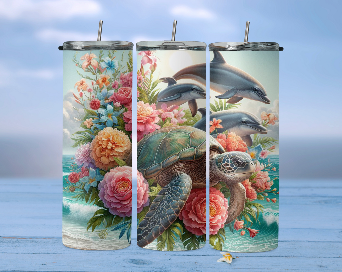 Sea turtles with flowers and jumping dolphins