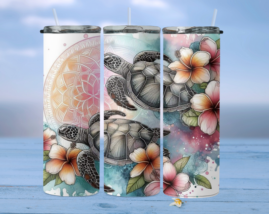 Sea turtles with flowers