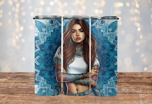 Blue mandala tattooed brown hair girl