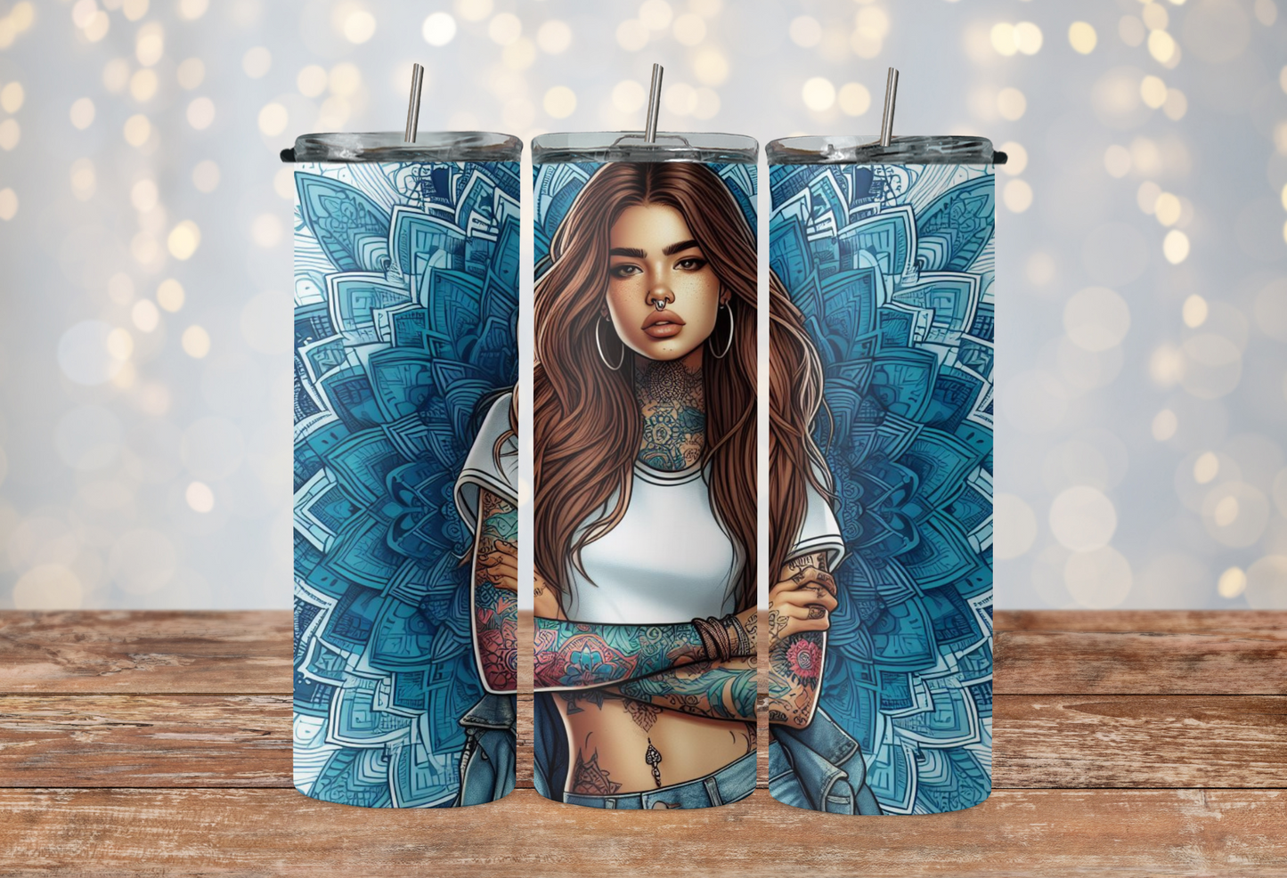 Blue mandala tattooed brown hair girl