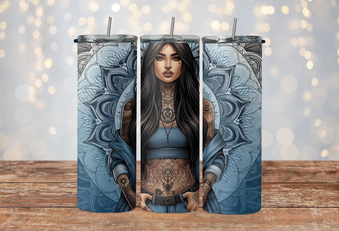 blue mandala with tattoo girl brown long hair