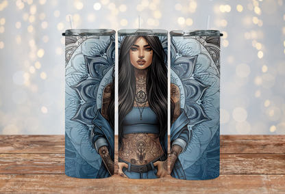 blue mandala with tattoo girl brown long hair