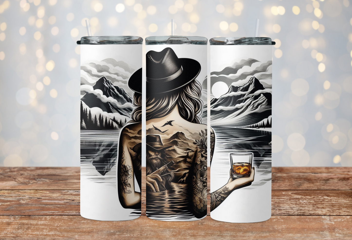 Black and white western girl drinking whisky watching mountains