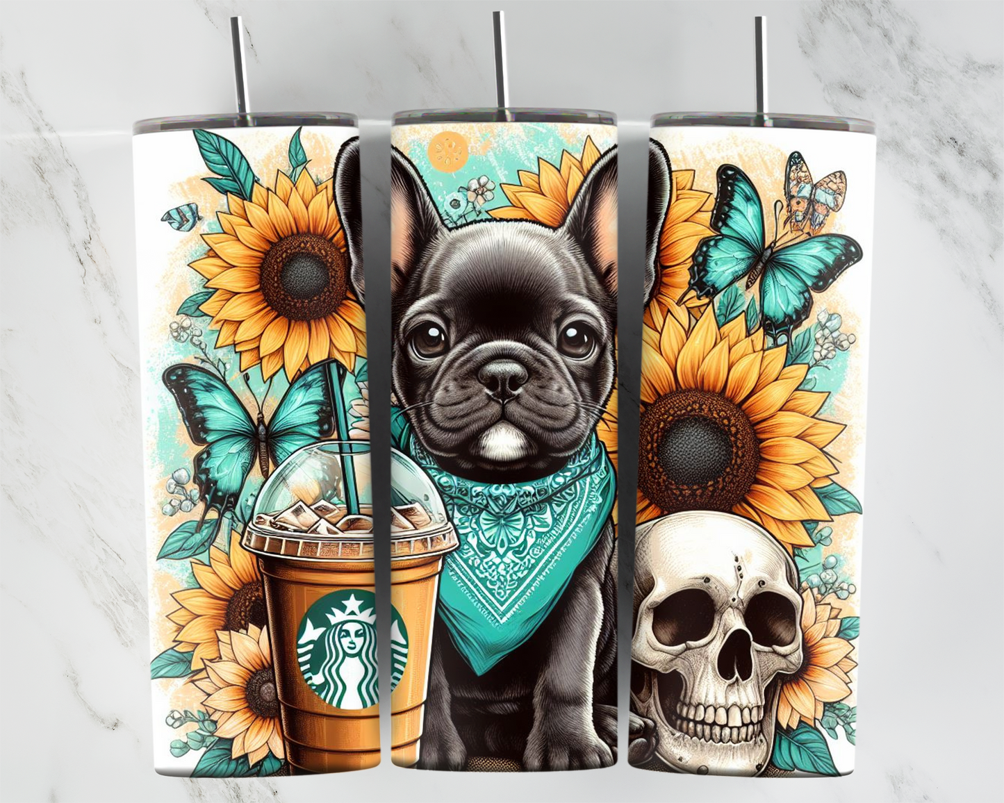 Frenchie drinking starbucks