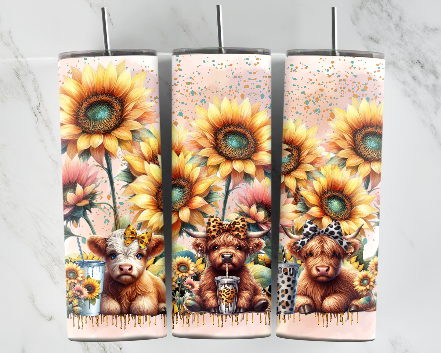 3 highland cows with sunflowers