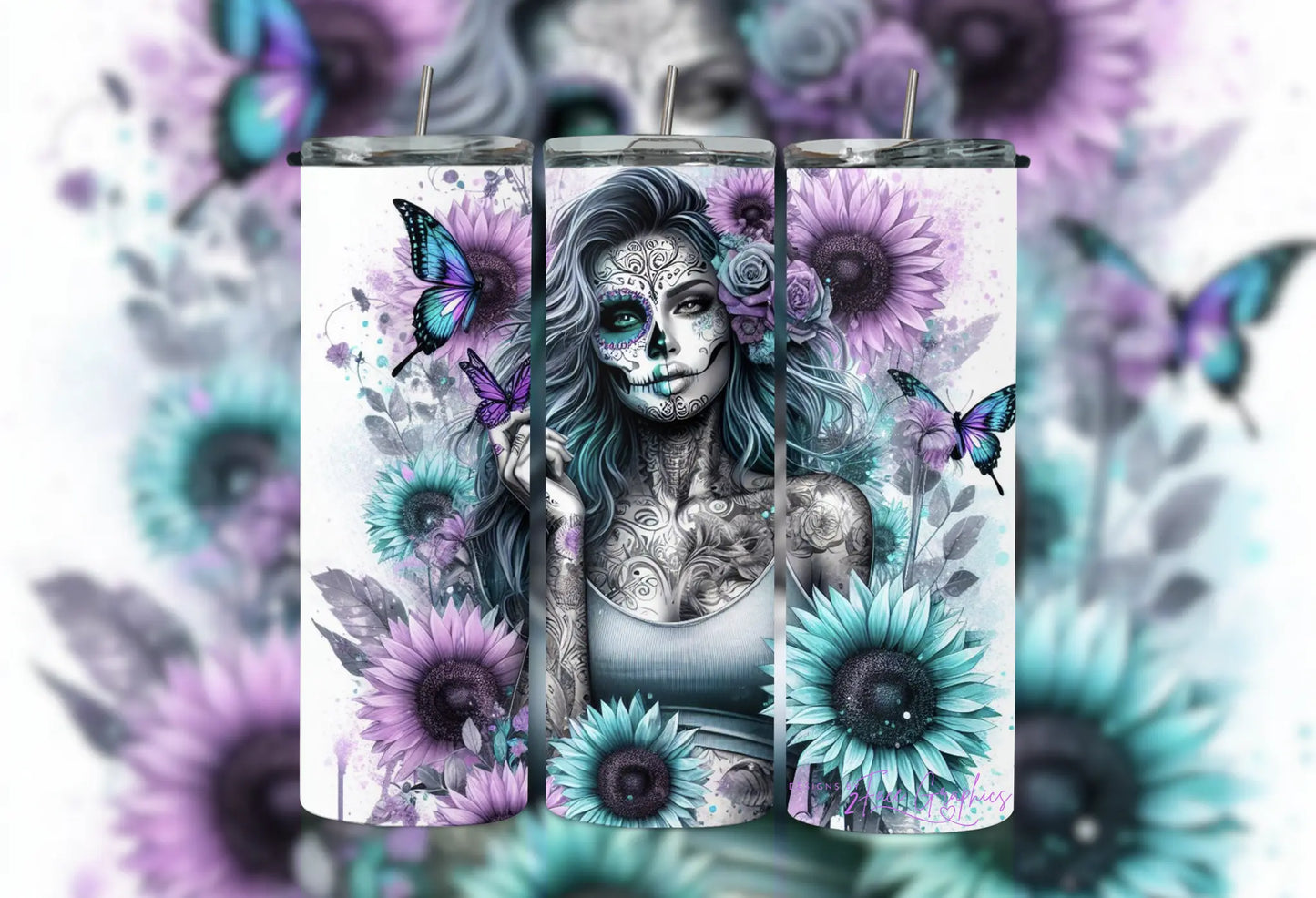 Watercolor Sunflower Butterfly Sugar Skull Girl Tumbler 2Face Graphics