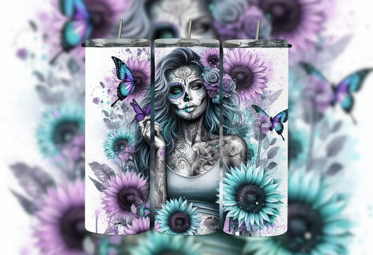 Watercolor Sunflower Butterfly Sugar Skull Girl Tumbler 2Face Graphics