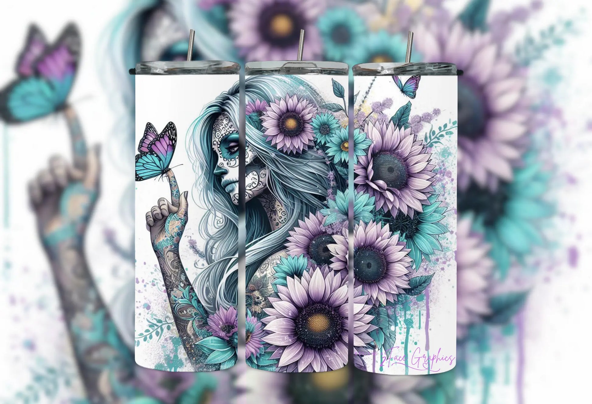 Watercolor Sugar Skull Girl & Sunflowers Tumbler 2Face Graphics