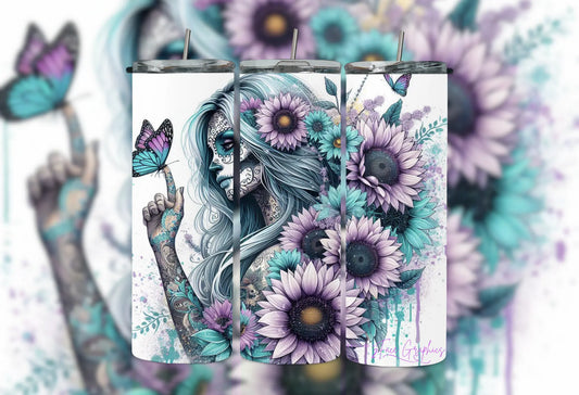 Watercolor Sugar Skull Girl & Sunflowers Tumbler 2Face Graphics