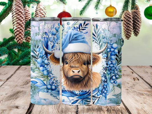 Christmas highland cow blue wreath