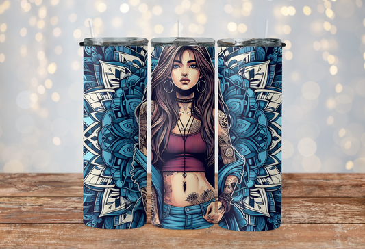 seamless blue mandala girl brown hair