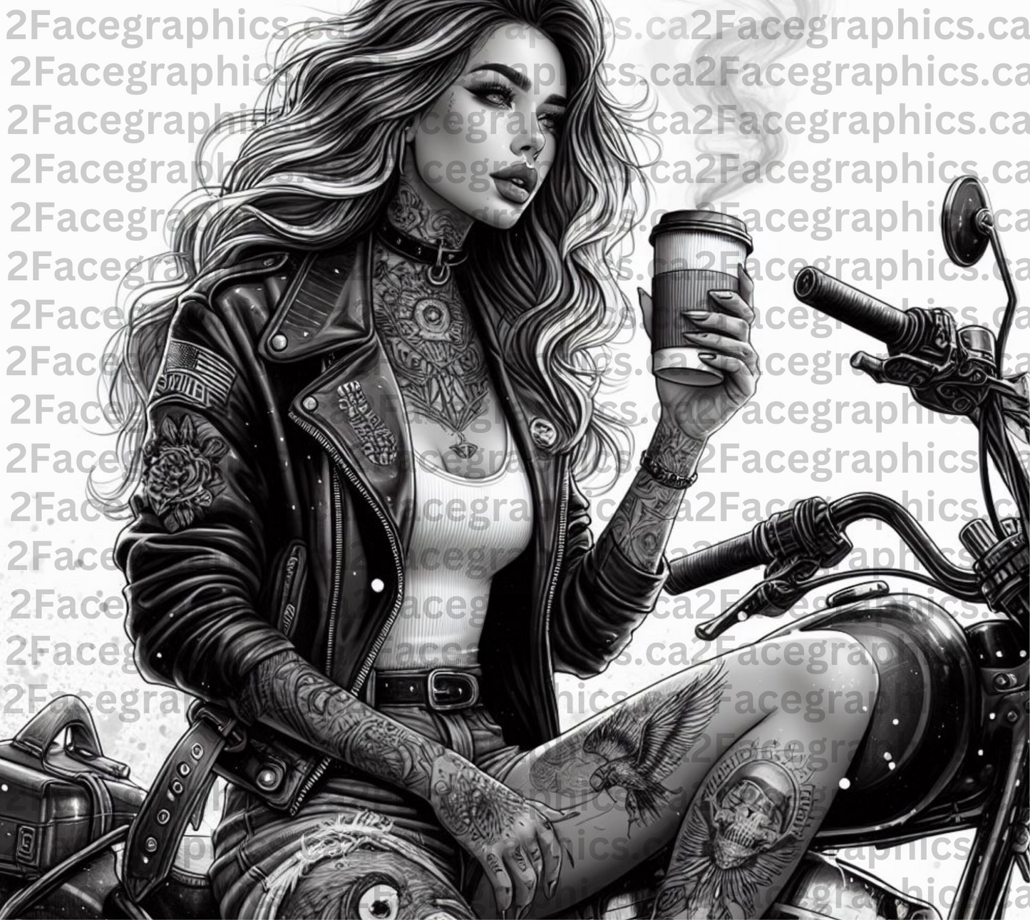 BW girl drinking coffee on motorcycle WRAP