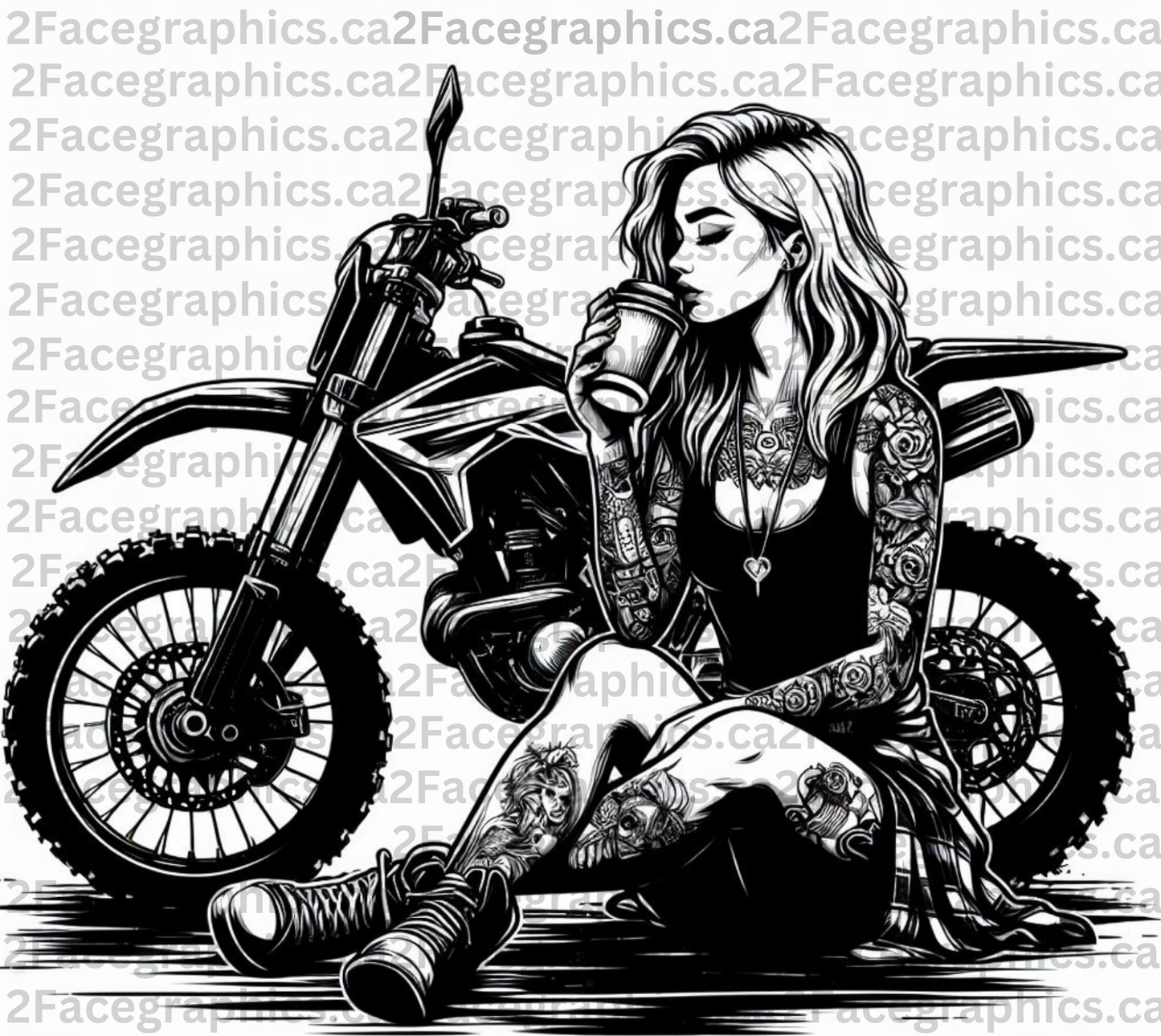 BW girl drinking coffee next to dirt bike WRAP (Copy)