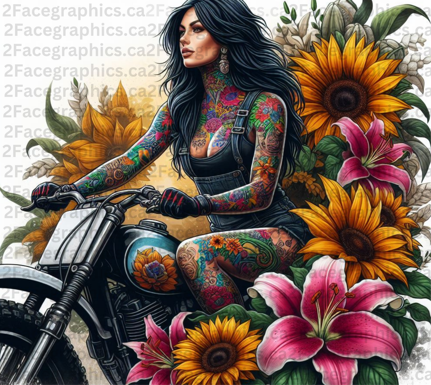 Girl with tattoo riding dirt bike with sunflowers WRAP