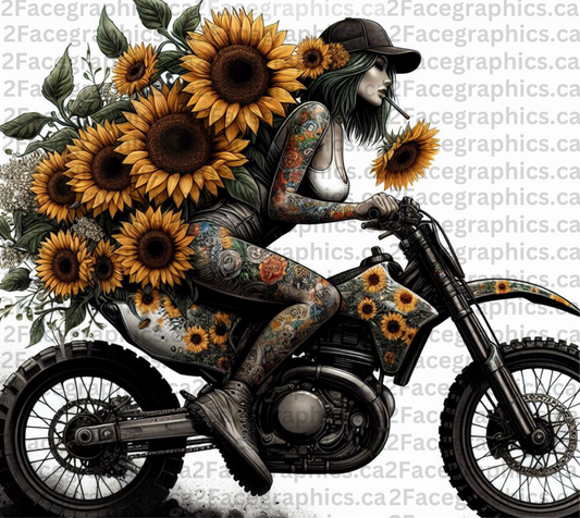 Girl with tattoo riding dirt bike with sunflowers on her back WRAP