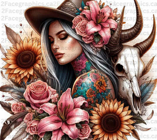 Boho style girl with lilies and bull skull WRAP