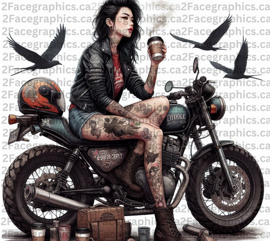 Girl drinking coffee on her motorcyle WRAP