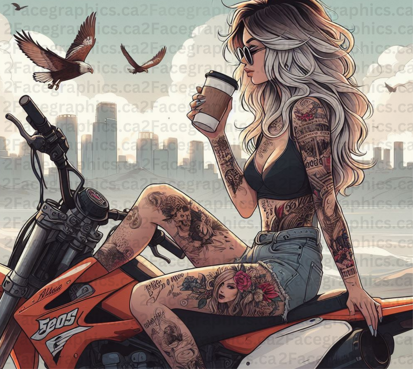 Girl drinking coffee on motorcycle city WRAP