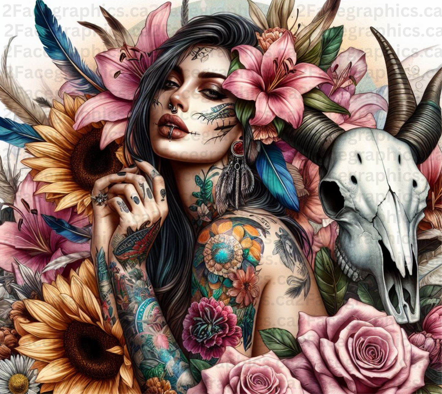 Boho style girl with skulls lilies and colorful feathers