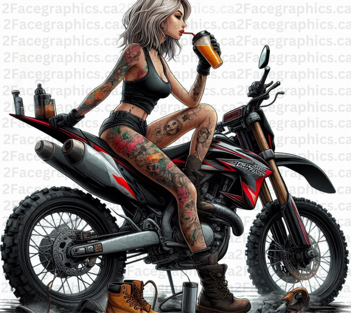 Tattoo girl drinking smoothie on the dirt bike WRAP