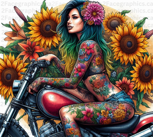 Colorful tattoo girl riding a motorcycle WRAP