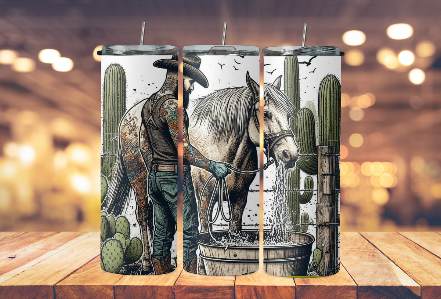 cowboy with horse drinking water