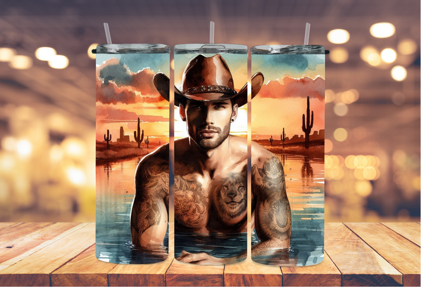 cowboy in the water desert setting