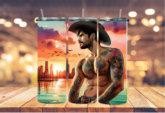 cowboy in the sunset area with muscles