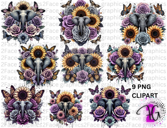 Elephant with Sunflowers & Butterflies
