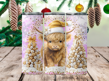 Gold Christmas highland cow with Christmas trees