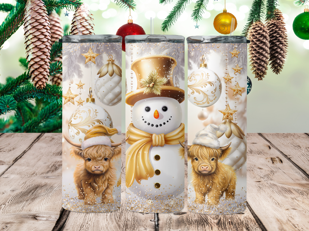 Gold Christmas baby highland cow & snowman