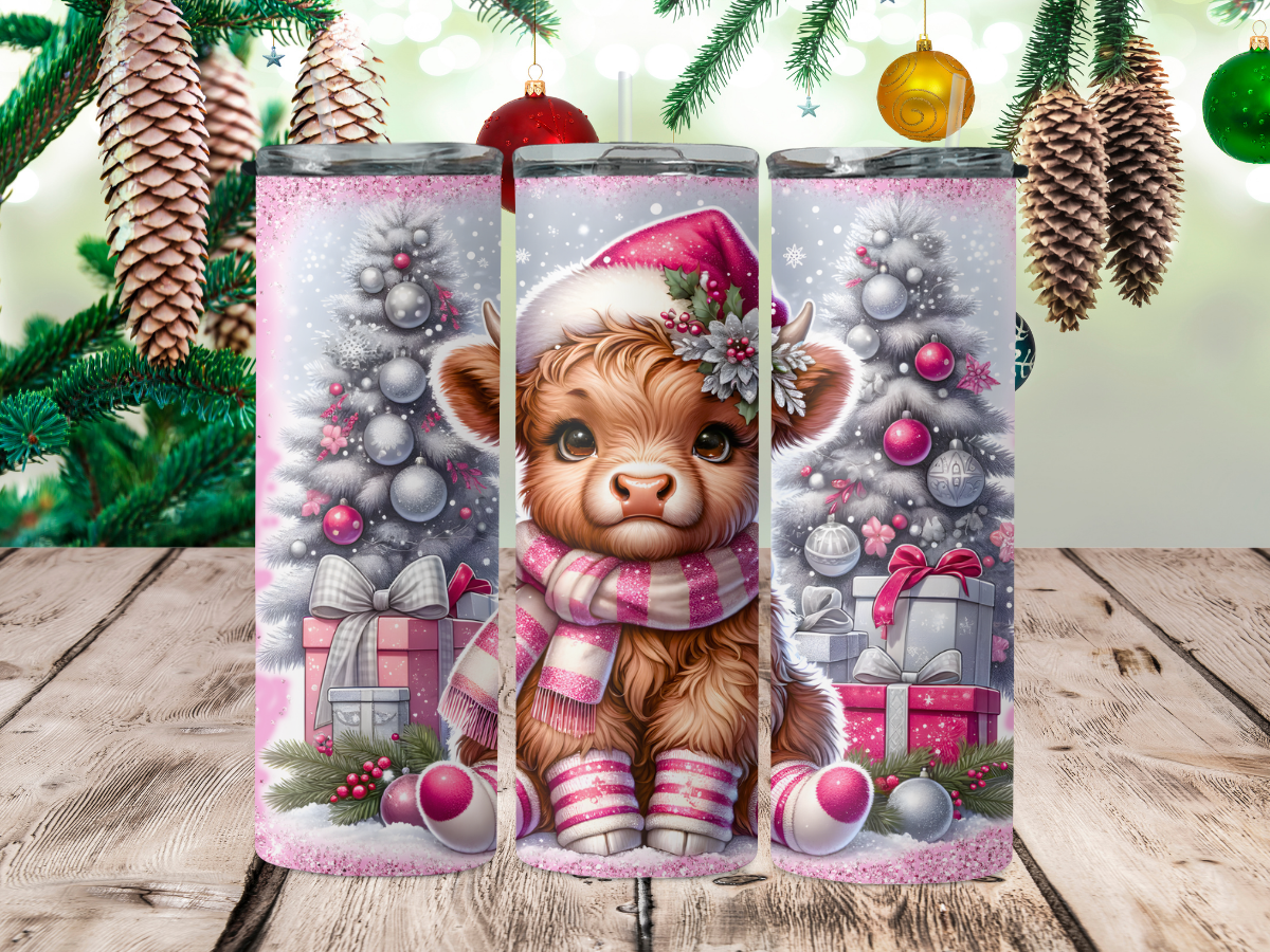 Pink highland cow with presents