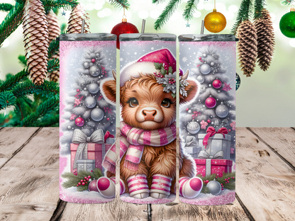 Pink highland cow with presents