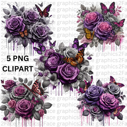 Pink Purple Roses With Butterflies