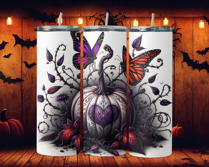 BW pumpkin with purple heart butterfly