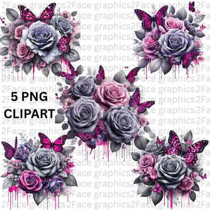 Pink Purple Roses With Cheetah Butterflies