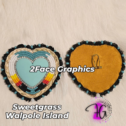 Sweetgrass beaded blue heart earrings