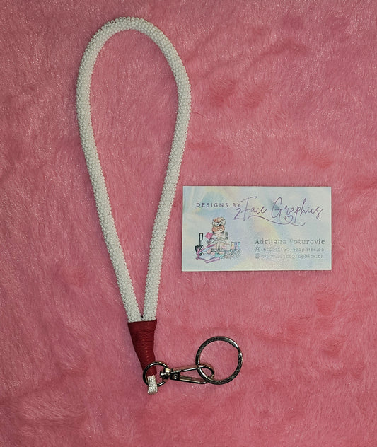 White lanyard wristlet with swivel hook and key ring