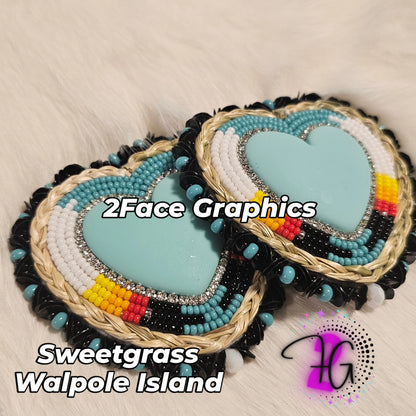 Sweetgrass beaded blue heart earrings