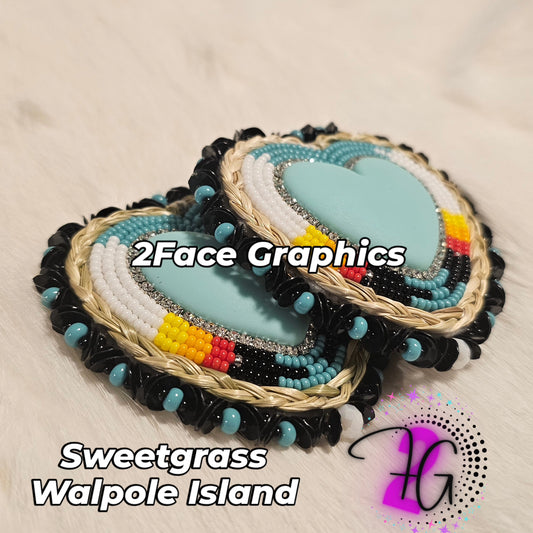 Sweetgrass beaded blue heart earrings