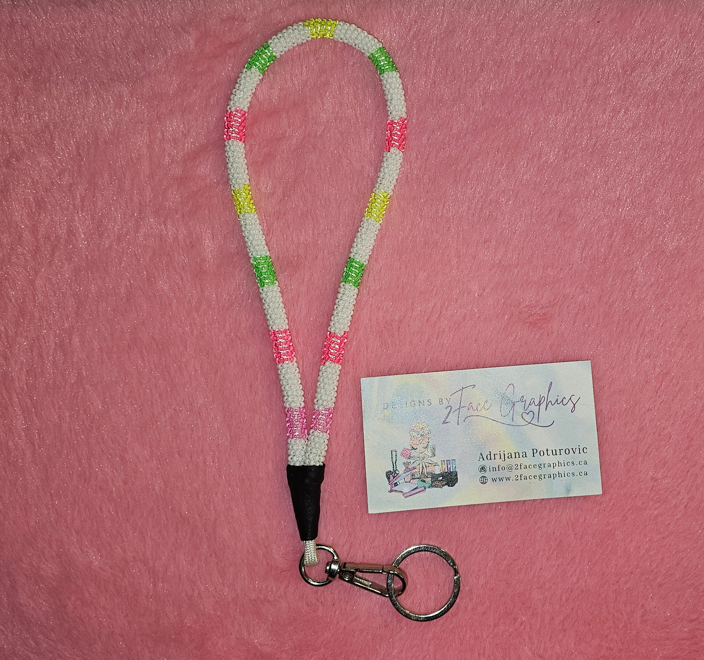 Neon sections beaded white wristlet keychain