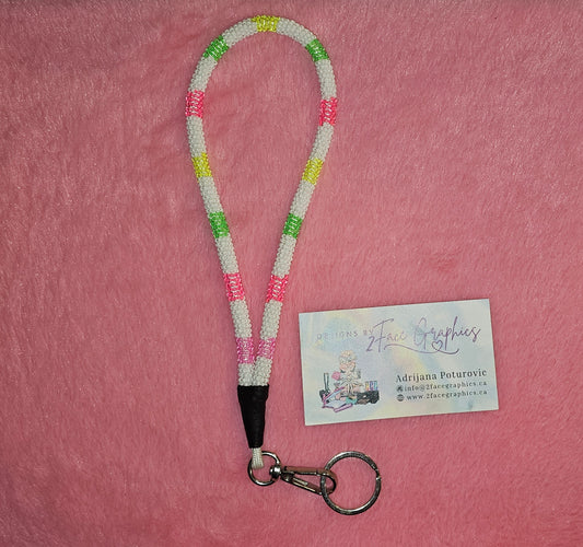 Neon sections beaded white wristlet keychain