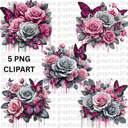 Pink Purple Roses With Pink Cheetah Butterflies