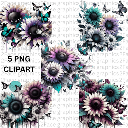 Teal Sunflowers Butterflies